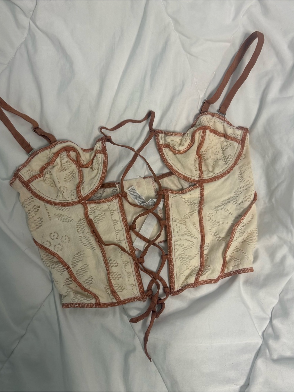 Out From Under Corsé Kiera Lace-Up Lace-Up Corset Top - Cream and Tan Coquette M